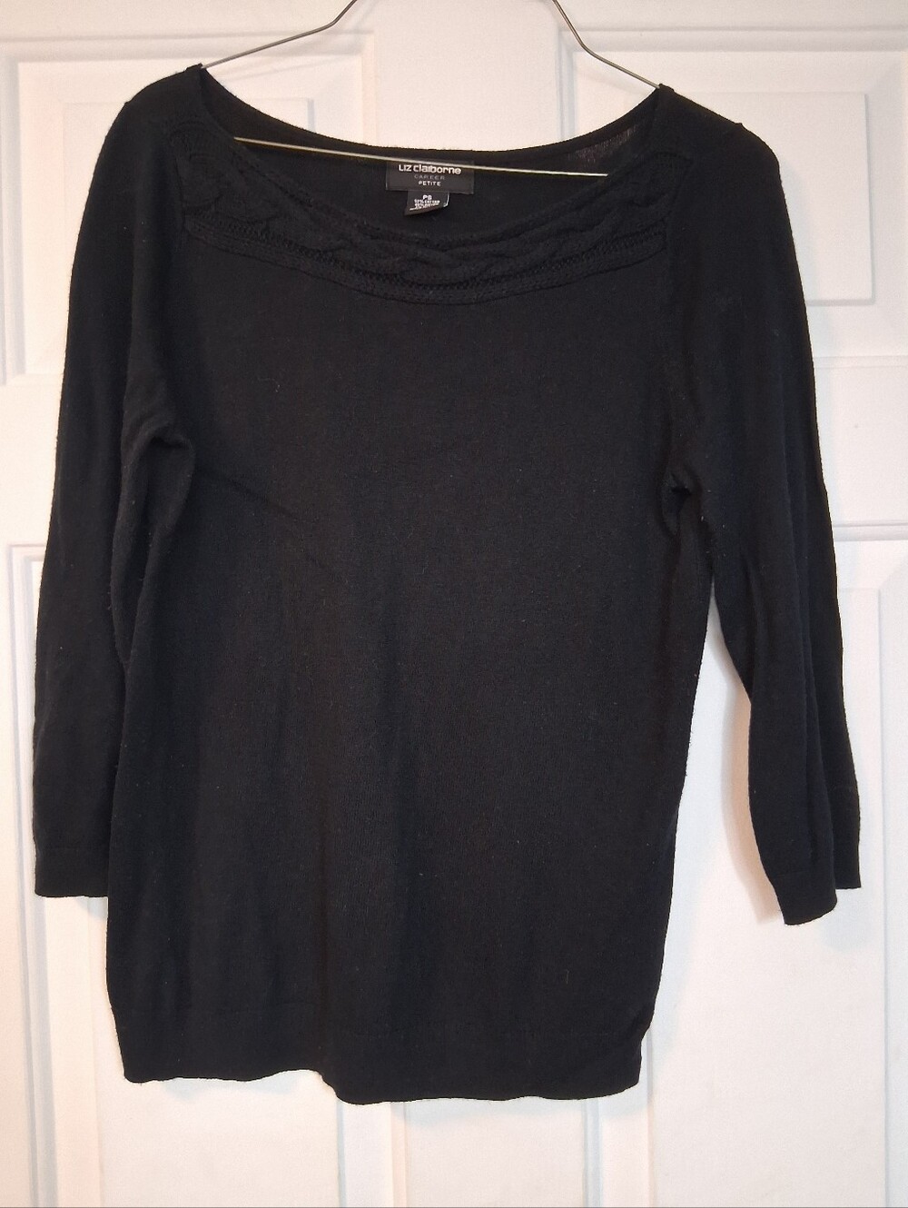 Liz Claiborne Black Scoop Neck Braided Trim Sweater Casual Petite Small